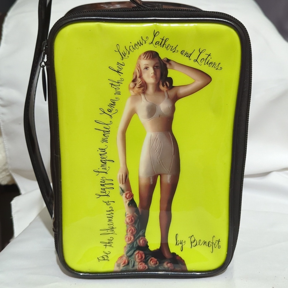 Vintage Benefit Cosmetics Luscious Lana Green Black Travel Make Up Bag Lined